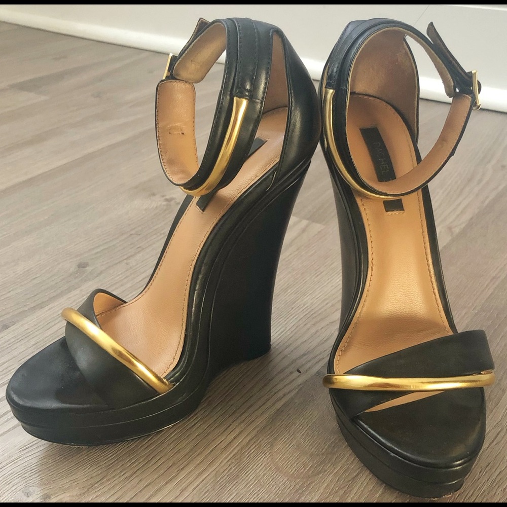 Rachel Zoe Katlyn Wedge Sandals Black & Gold 5M